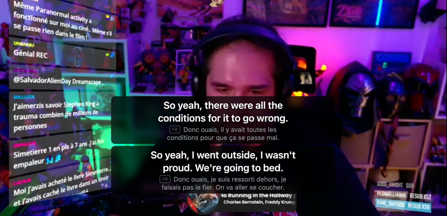 A live Twitch stream with French speech transcribed and translated into English captions over the player.