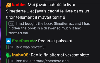 Original French Twitch chat messages with an English translation beneath each message.